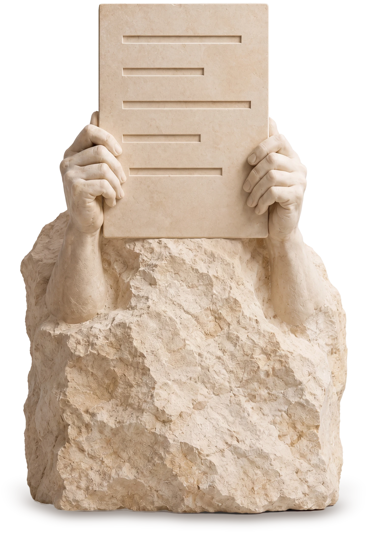 Two stone hands hold up a finished tablet carved with five bars of different lengths.