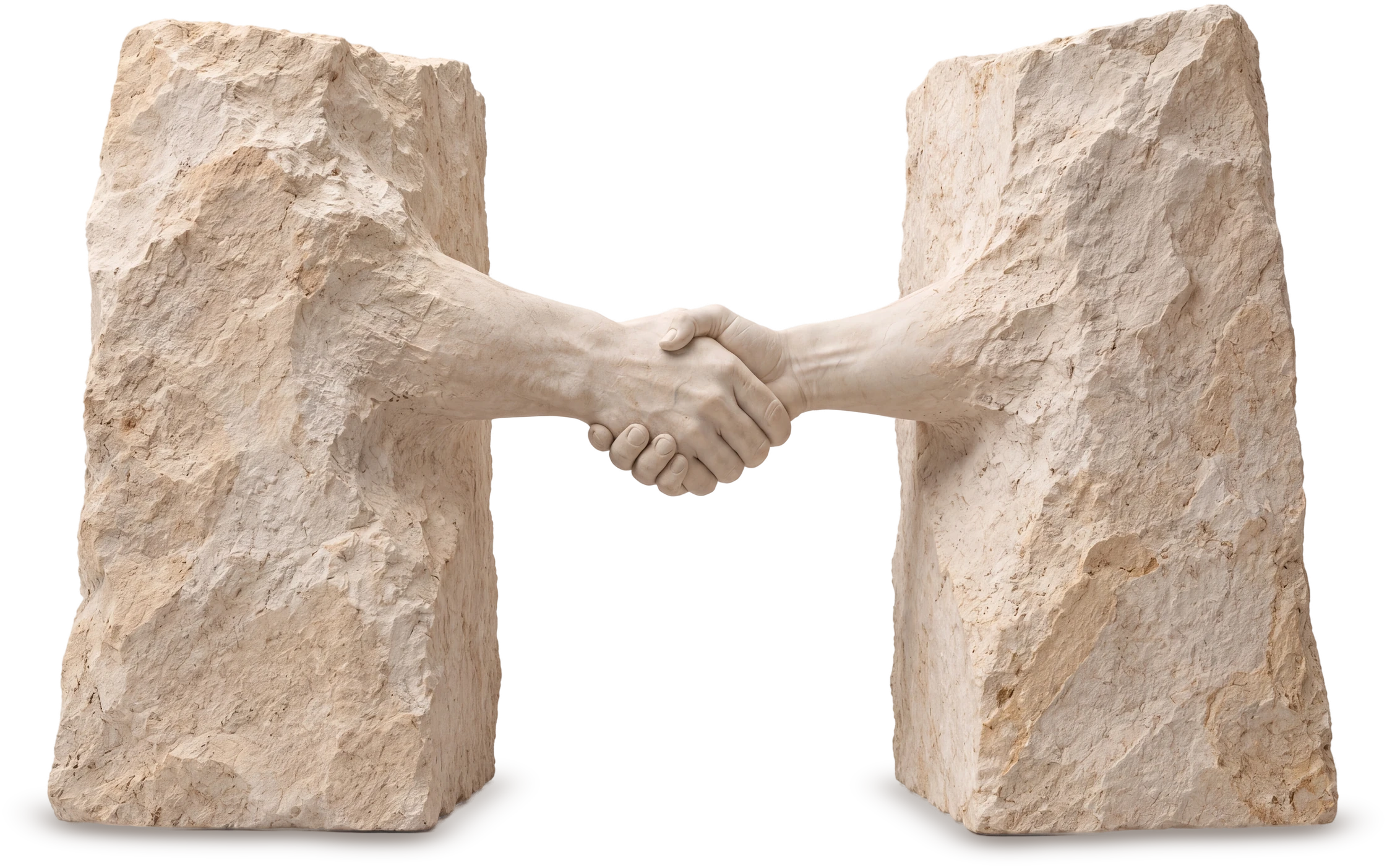 Two rough stone blocks, each with a forearm emerging; the hands meet in a finished, smooth handshake over the gap between the blocks.