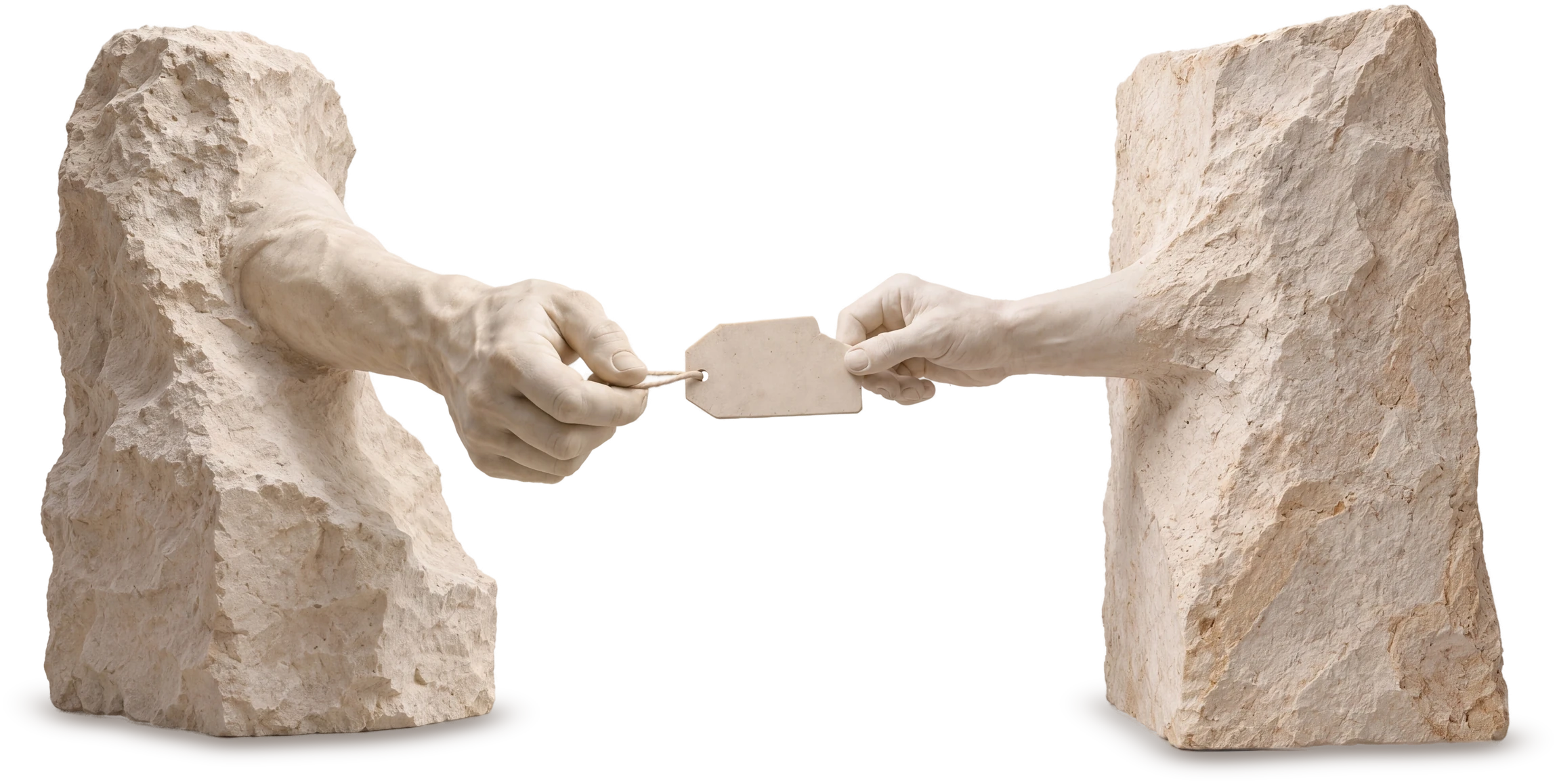 Two rough limestone blocks, each with a finished forearm emerging; one hand passes an intact, finished stone price tag across the gap and the other takes it whole.