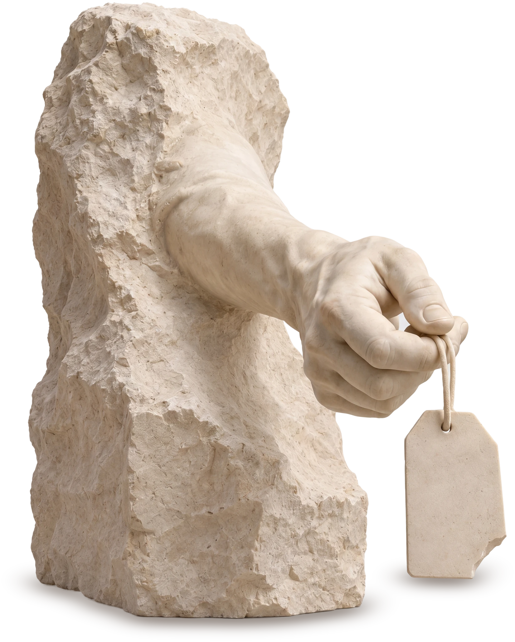 A stone hand reluctantly holds out a finished price tag; a corner of the tag has broken off.
