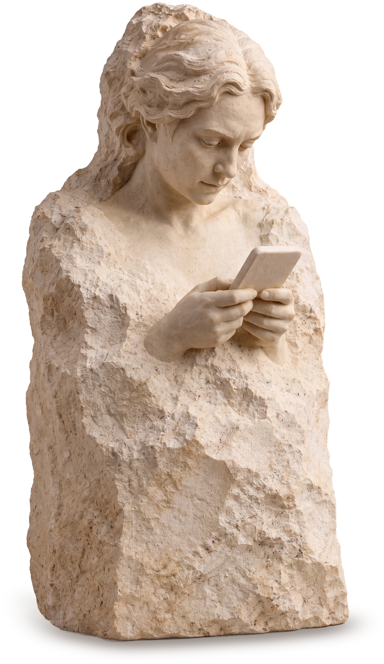 A stone figure emerging from a rough block, head bowed over a smooth stone phone, searching for an answer.