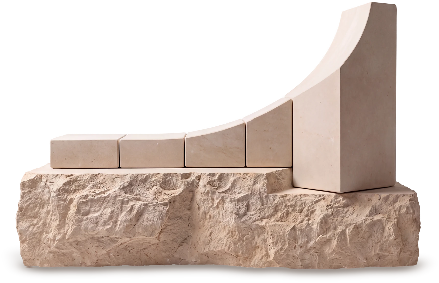 The same plinth later: the finished step now starts a run of finished blocks, each taller than the last, rising in a steepening curve.