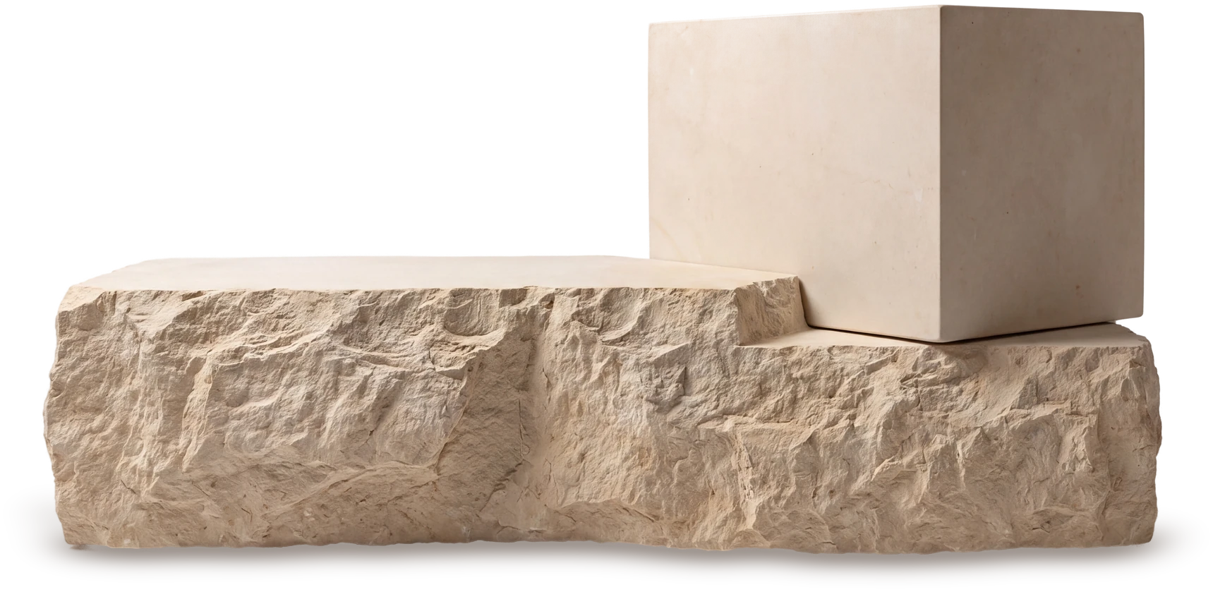 A rough limestone plinth with one finished block set on its right half: one clean step up.